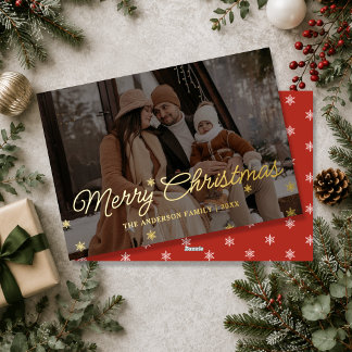 Moderne kalligrafie Prettig kerstfeest familie fot Folie Feestdagenkaart
