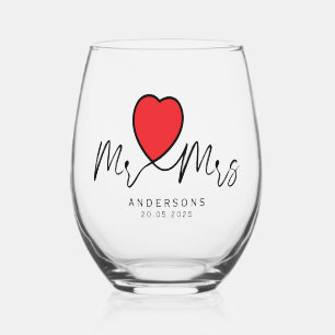 Moderne kalligrafie Red Heart Mr. en Mrs. Wedding Wijnglas Zonder Voet