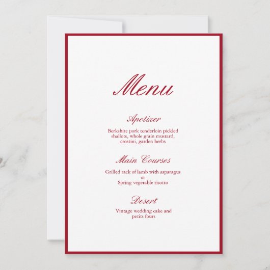 Moderne kalligrafie Red Wedding Menu Kaart (Voorkant)