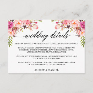 Moderne kalligrafie roze bloemenbruiloft details informatiekaartje