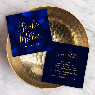 Moderne kalligrafie Sapphire Blue Bokeh-lampjes Vierkante Visitekaartje