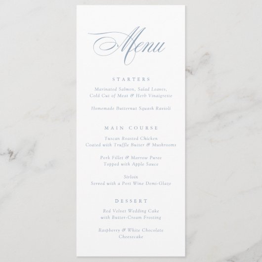 Moderne kalligrafie Script Dusty Blue Wedding Menu (Voorkant)