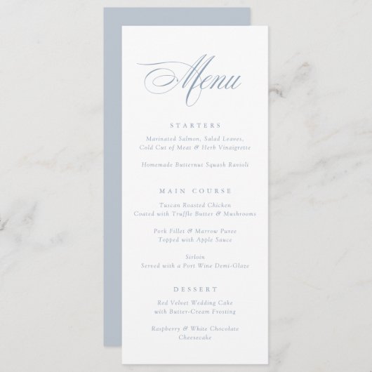 Moderne kalligrafie Script Dusty Blue Wedding Menu (Voorkant / Achterkant)