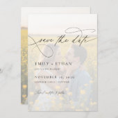 Moderne kalligrafie script overlay foto bruiloft save the date (Voorkant / Achterkant)