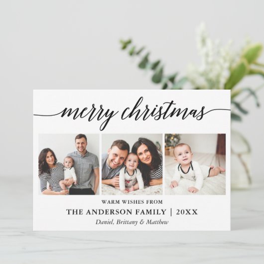 Moderne kalligrafie Script Vrolijk Kerstfeest 3 Fo Feestdagenkaart (Staand voorkant)