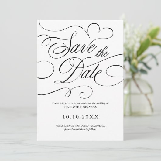 Moderne kalligrafie tijdloze Black QR code bruilof Save The Date (Staand voorkant)