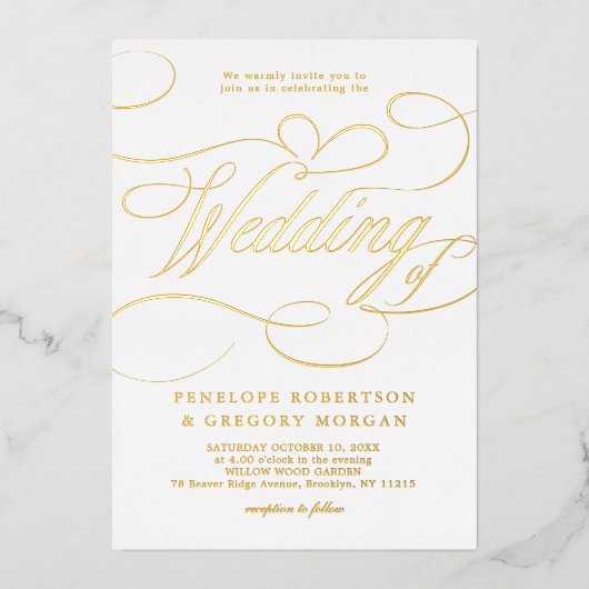 Moderne kalligrafie tijdloze gouden en witte bruil folie uitnodiging (Voorkant)