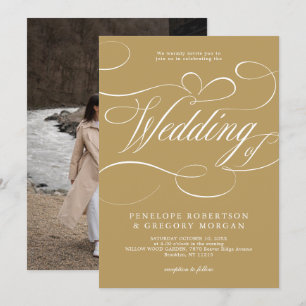 Moderne kalligrafie tijdloze gouden en witte bruil kaart