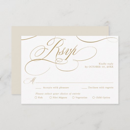 Moderne kalligrafie tijdloze gouden en witte bruil RSVP kaartje (Voorkant / Achterkant)
