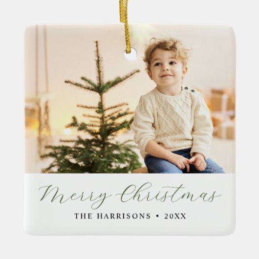 Moderne kalligrafie Vrolijke Kerstfoto Keramisch Ornament (Voorkant)