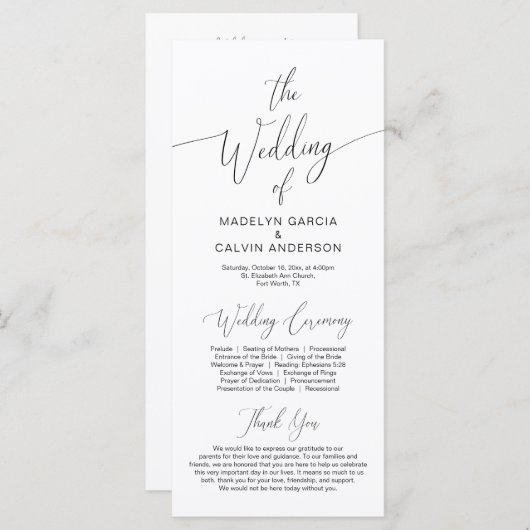 Moderne kalligrafie, zwart script, bruiloft-ceremo programma (Voorkant / Achterkant)
