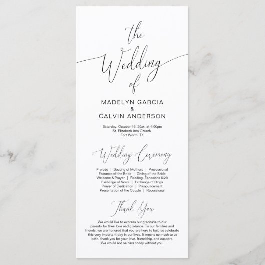 Moderne kalligrafie, zwart script, bruiloft-ceremo programma (Voorkant)