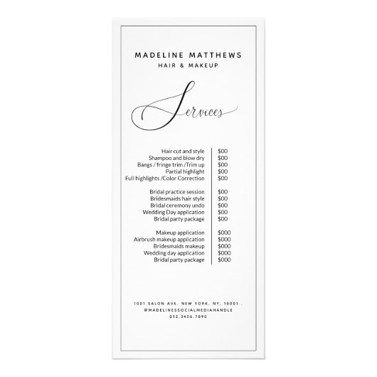 Moderne kalligrafie zwarte witte zalonlijst reclamekaart (Voorkant)