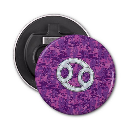 Moderne kankerdiercode op roze digitale camo button flesopener (Voorkant)