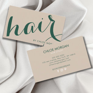 Moderne kapper script beige en groen visitekaartje