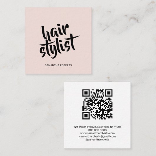 Moderne kapper script blush roze qr code vierkante visitekaartje (Voorkant / Achterkant)