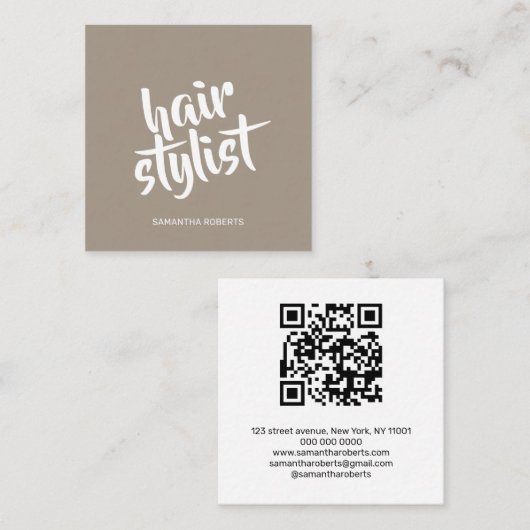 Moderne kapper script lichtbruine qr code vierkante visitekaartje (Voorkant / Achterkant)