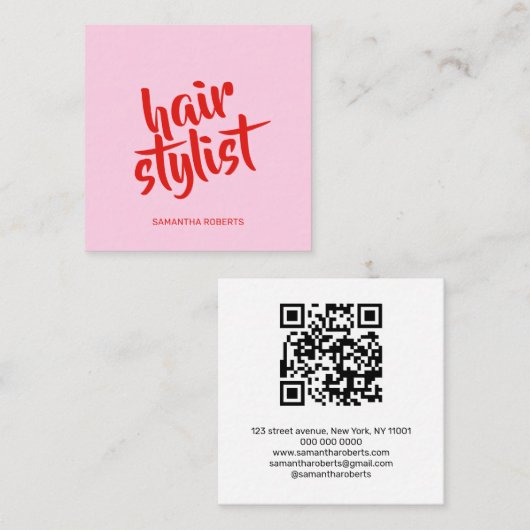 Moderne kapper script roze rode qr code vierkante visitekaartje (Voorkant / Achterkant)