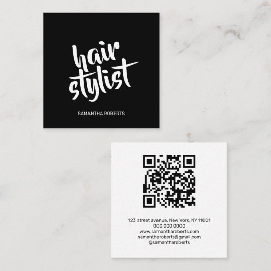 Moderne kapper script zwart wit qr code vierkante visitekaartje (Voorkant / Achterkant)