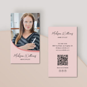 Moderne Kapsalon Foto QR Roze Visitekaartje