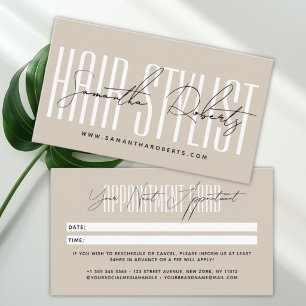 Moderne kapsalon script typografie beige afsprakenkaartje