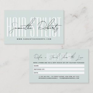 Moderne kapsalon script typografie klant aanbevelingskaartje