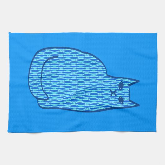 Moderne kat, kobalt en lichtblauw theedoek (Horizontaal)