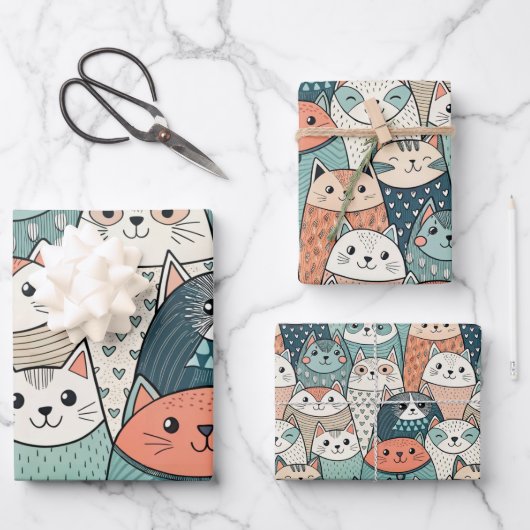 Moderne kattenkarakters patroon inpakpapier vel (Voorkant)