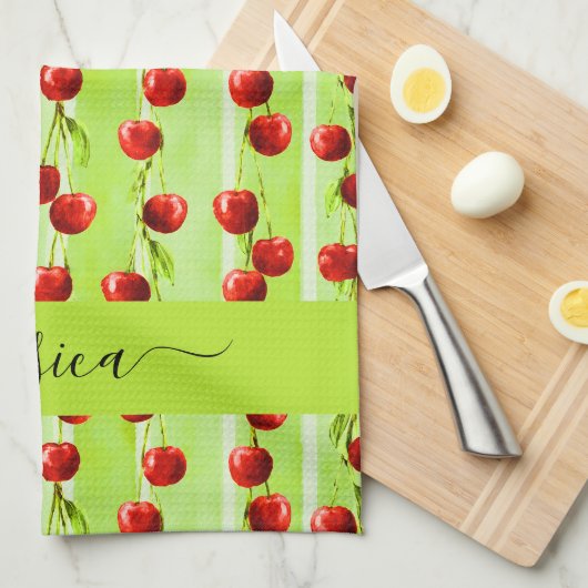 Moderne kersenpatroon scriptnaam theedoek (Quarter Fold)