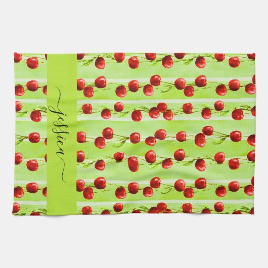 Moderne kersenpatroon scriptnaam theedoek (Horizontaal)