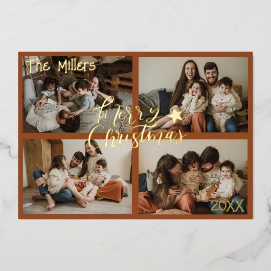 Moderne Kerst 4 Fotocollage Folie Feestdagenkaart (Voorkant)