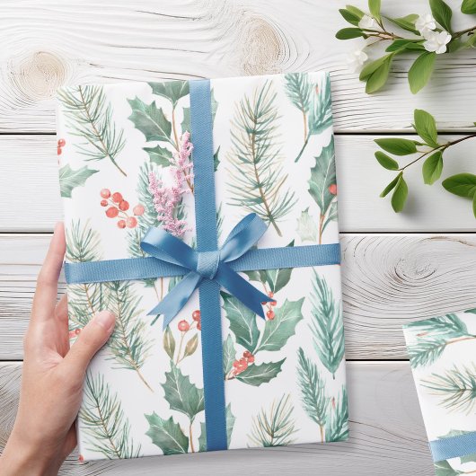 Moderne Kerst Bloemen Waterverf Patroon Cadeaupapier