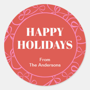 Moderne Kerst Bold Rood & Roze Lint Patroon Ronde Sticker