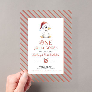Moderne Kerst Eerste Verjaardag Eén Jollige Gans Acryl Uitnodigingen