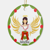 Moderne Kerst Engel Rood Groen Holly Krans Naam Keramisch Ornament (Links)
