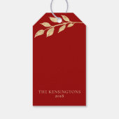 Moderne kerst gouden bladeren op rood cadeaulabel (Achterkant)