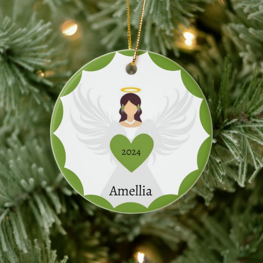 Moderne Kerst Groene Engel Hart Aangepaste Naam Keramisch Ornament (Boom)