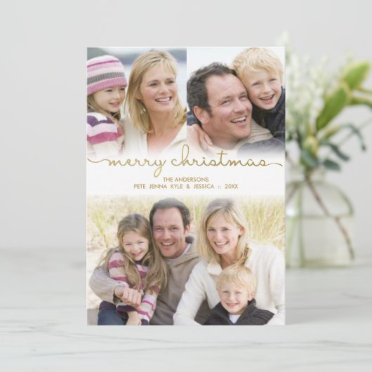 Moderne Kerst Hand Geletterde Gouden Script Foto Feestdagenkaart (Staand voorkant)