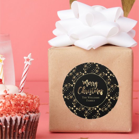 Moderne kerst met zwarte en gouden blik ronde sticker (Feest)