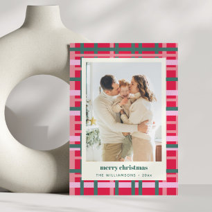 Moderne Kerst Plaid Rood Groen Verticaal Foto Feestdagenkaart