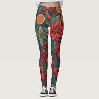 Moderne kerst Poinsettia Sinaasappels bladeren Leggings