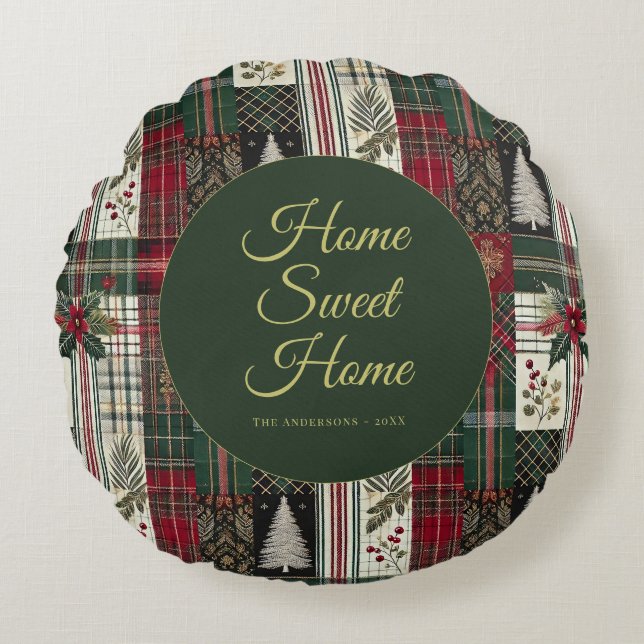 Moderne Kerst Rustiek Tartan Plaid Rond Kussen (Voorkant)