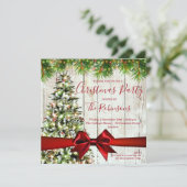 Moderne Kerst Rustieke Boom, Lichten & Rood Lint Kaart (Staand voorkant)