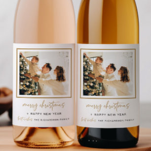 Moderne Kerst Wijnfles Label Foto Gift Goud Wijn Etiket