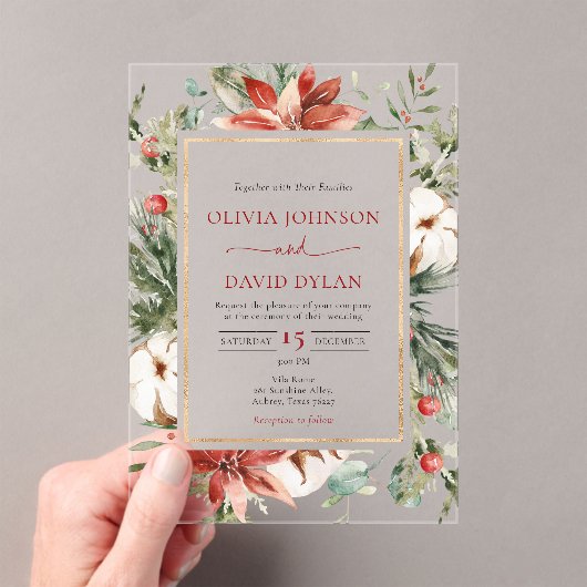 Moderne Kerst Winter Rood Goud Greenery Wedding Acryl Uitnodigingen (Insitu (Draagbaar))