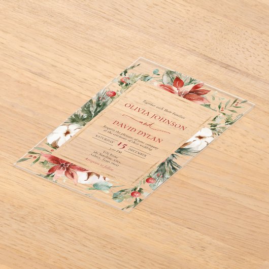 Moderne Kerst Winter Rood Goud Greenery Wedding Acryl Uitnodigingen (Laagn)