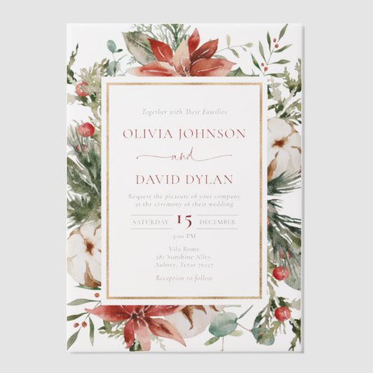 Moderne Kerst Winter Rood Goud Greenery Wedding Vellum Uitnodigingen (Voorkant)