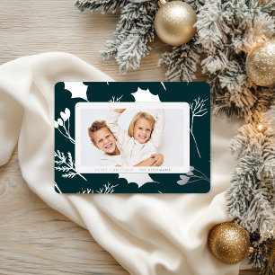 Moderne Kerst Zilveren Botanicals Folie Feestdagenkaart