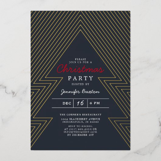 Moderne kerstblauwe feestdag Gold Folie Uitnodiging (Voorkant)