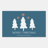 Moderne kerstbomen en sterren blauw rechthoekige sticker (Voorkant)